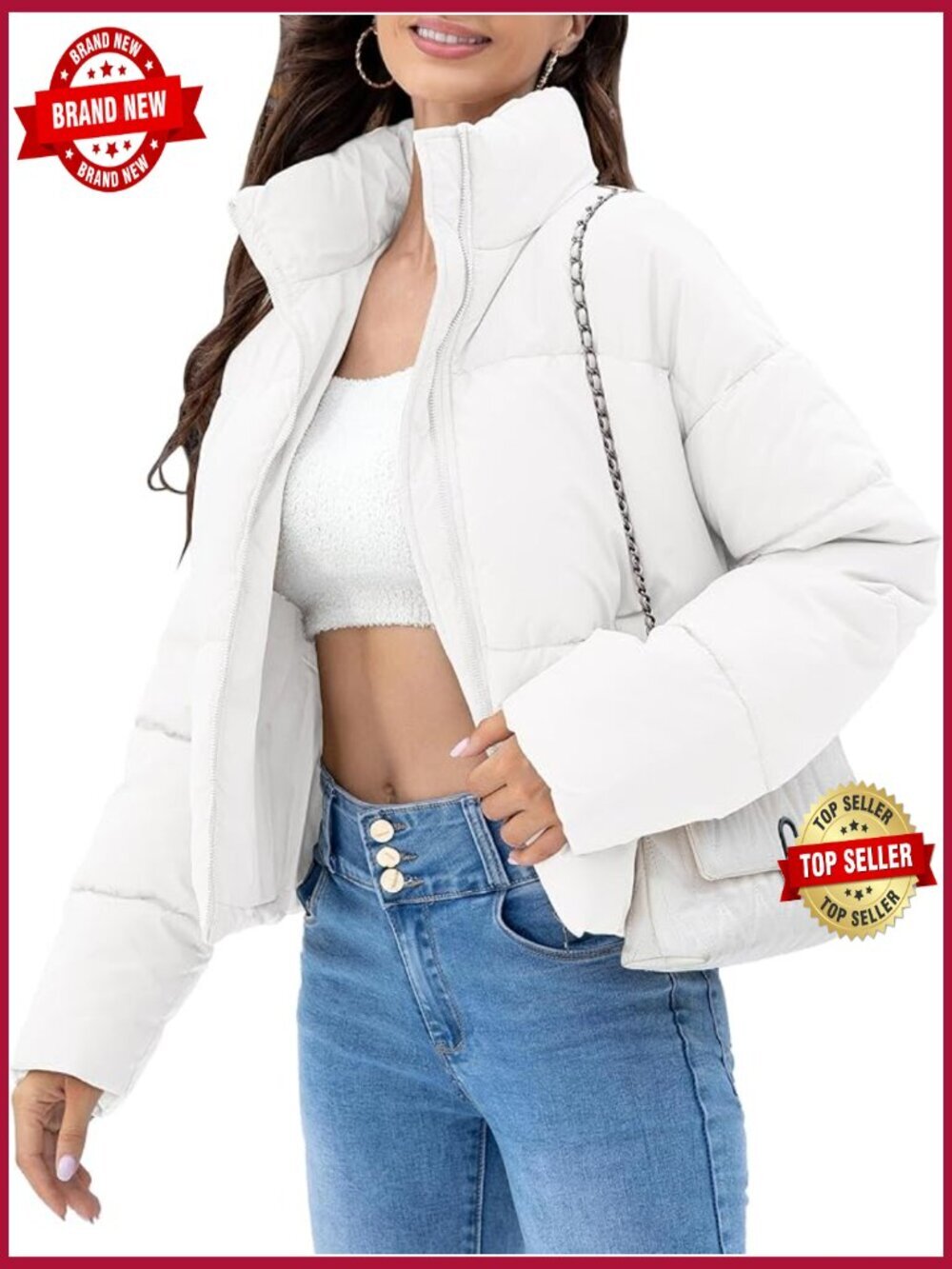 Cropped Quilted Puffer Jacket Winter Warm Full Zip Padded Coat